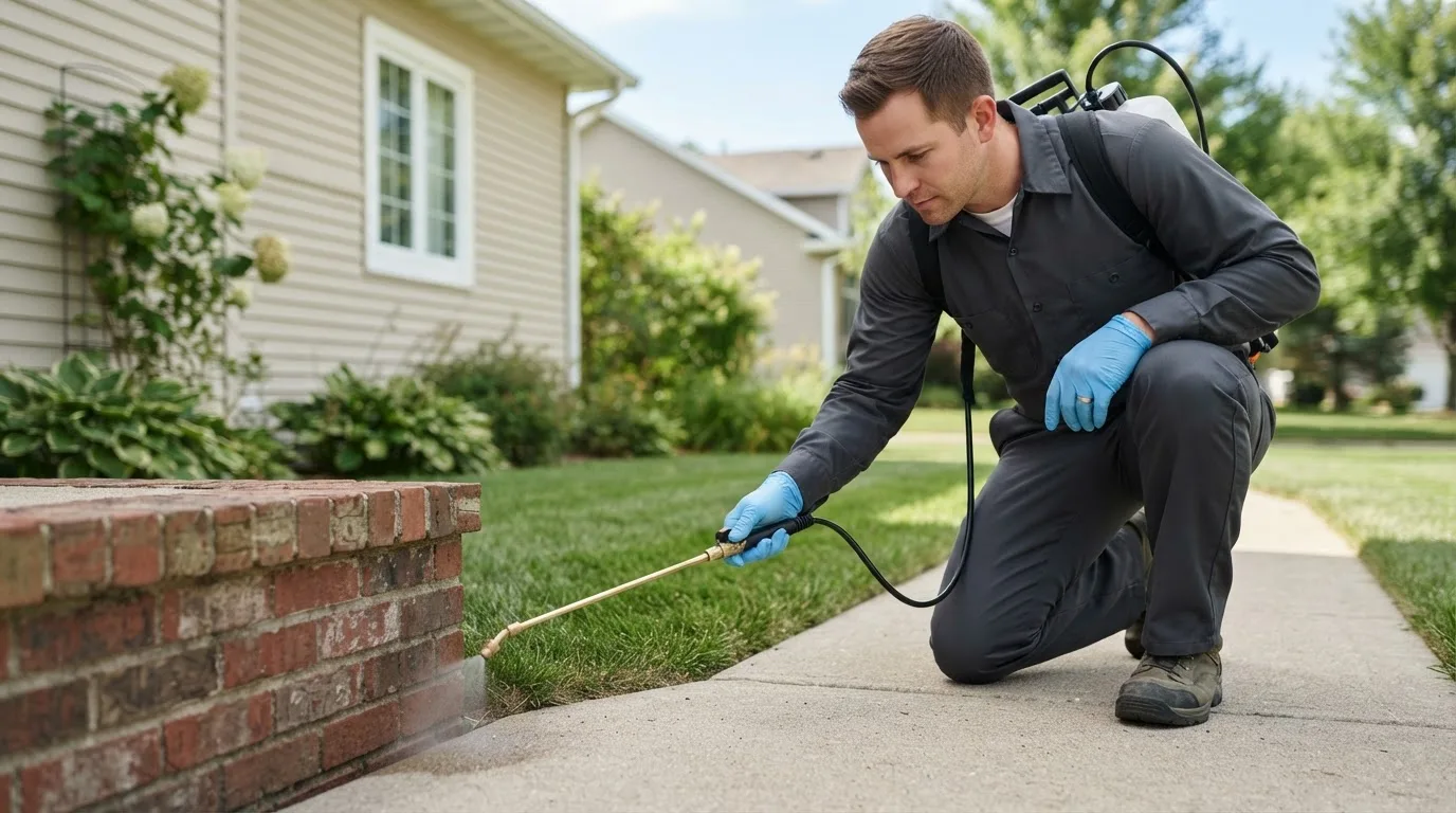 Pest control technician treating a home near Ashtabula, OH
